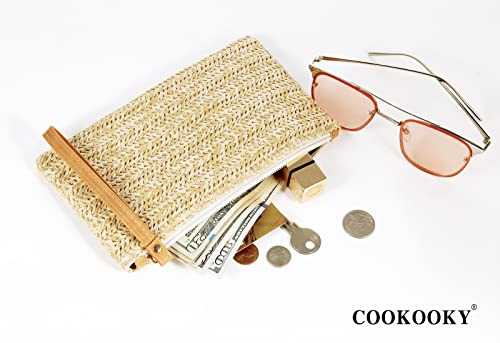 COOKOOKY Womens Straw Clutch Bag Bohemian Summer Beach Straw Purse Zipper Wristlet Wallets for Women - color: Beige