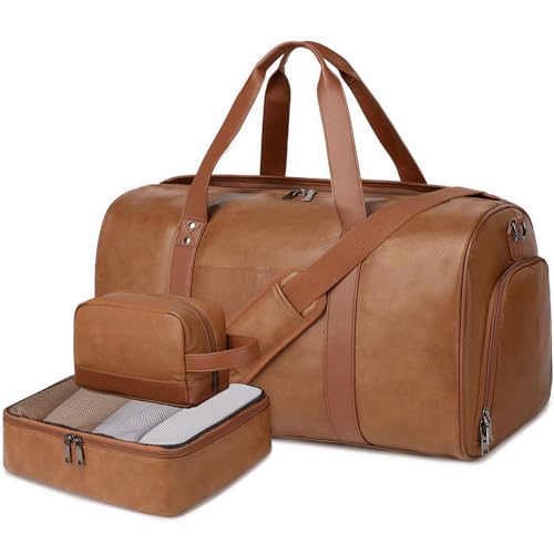 3PCS Faux Leather Weekender Bag for Women Men Travel Bag Overnight Bags | Leather Travel Duffel Bags for Traveling with Shoe Compartment Toiletry Packing Cube Carry On Tote Bag Men Fit 21.5" Laptop - color: Light Brown