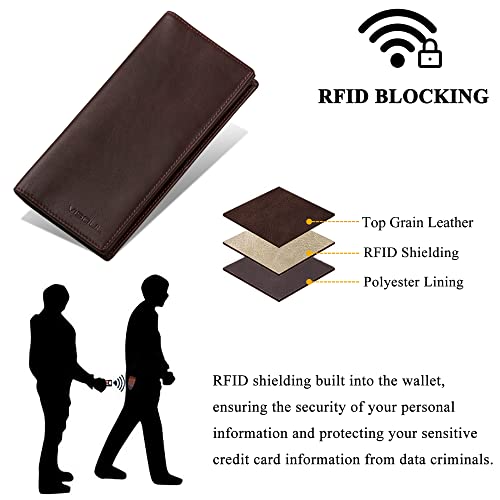 VISOUL Leather Checkbook Cover Wallet for Men with RFID Blocking, Mens Long Bifold Cash Tall Wallet with 11 Credit Card Slots 1 ID Window (Coffee) - color: Coffee