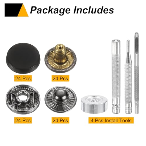 HARFINGTON 24Set Leather Snaps Fasteners Kit 10mm Dia Brass Press-Stud Cap Button 2.76" Length Metal Snap Buttons with 4 Install Tools for Coat Bag Leather Marine Boat Canvas, Matte Black - color: Matte Black