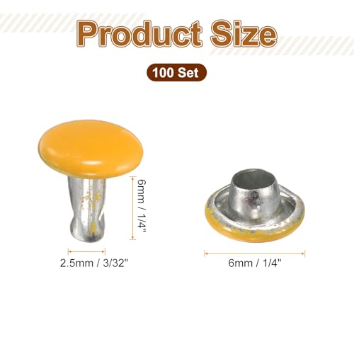HARFINGTON 100 Sets Double Cap Leather Rivets, 6x6mm Round Cap Tubular Metal Studs Leather Crafting Rivets for Fabric Belt Pet Collar Boot Bag Repair and Decoration, Yellow - color: Yellow, size: 6x6mm