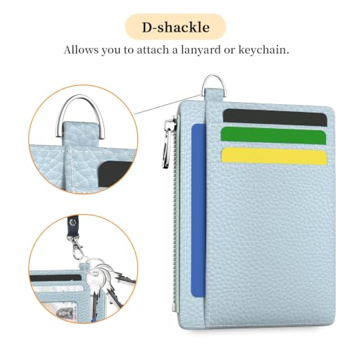 Hancynir Minimalist Slim Wallet Women Credit Card Holder, RFID Small Cute | Zipper Pocket Wallet, Thin Travel Coin Purse, Ladies Women Gifts, Key Chain Card Case, 6 Card Slots, ID Window, PU Leather - color: 01-Lichee Blue