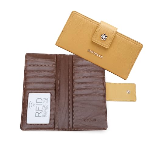 Long Wallets for Women Rfid Blocking Leather Multi Card Holder Wallet Clutch Ladies Wallet Zipper Pocket with ID Window Yellow - color: Yellow