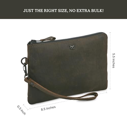 Leather Wristlet Wallet for Women Clutch Handbag Purse with Cell Phone Slot | Genuine Top Grain Leather, 8 Credit Card Slots, Detachable Strap, YKK Zipper, Gifts for Women - color: Coffee Crazy Horse
