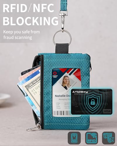 Artpaxy Minimalist Wallet For Mens Womens, Keychain RFID Blocking Zipper Small Wallet with ID Window 2 Lanyards,Water Resistant Travel Cash Card Coin Case Boys Girls - color: Dark green
