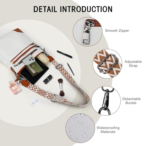 TANTOMI Crossbody Bag for Women PU Leather Travel Purse | Trendy Women's Shoulder Handbags, Comfort Adjustable Wide Strap, Water-Resistant, Multi Pockets for Daily Use & Travel - color: White/Light Brown