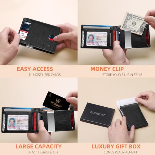 RUNBOX Slim Wallet for Men - RFID Blocking Leather Bifold with Money Clip | Minimalist Front Pocket Wallet Holds 11 Cards,Slim Thin Design,RFID Blocking Protection, Practical Birthday Gifts for Men - color: Luxurious Black