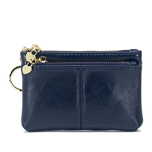 Women PU Leather Zip Mini Coin Purse With Key Ring Triple Zipper Card Holder Wallet (Navy) - color: Navy