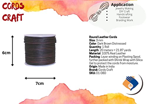 3mm Genuine Round Leather Cord Dark Brown Distressed | Rustic Versatile for Jewelry Making Crafts, Necklaces, Bracelets, Macrame | 20 Meters Spool (21.87 Yards)