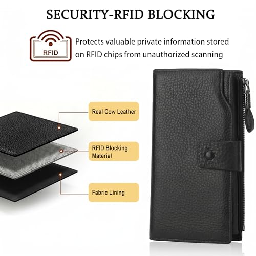 YALUXE Women's RFID Real Leather Wallet with 21 Card Slots Phone Pocket - color: 9- Pebbled Black, size: Genuine Leather