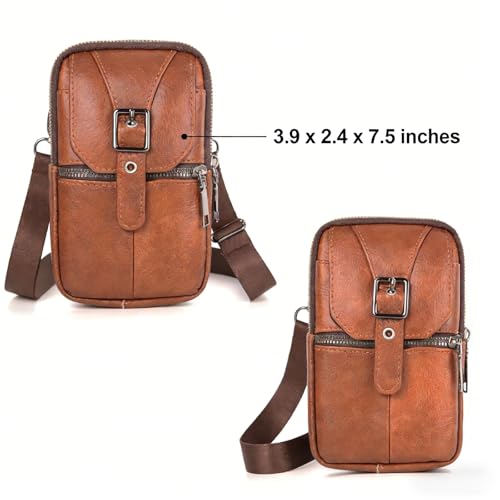 Multifunction Leather Messenger Bag Pure Handbag Fashion Pouch Shoulder Crossbody Bag Brown Genuine Cowhide Leather 4 Pockets 7.48 x 3.93 x 2.36 inches