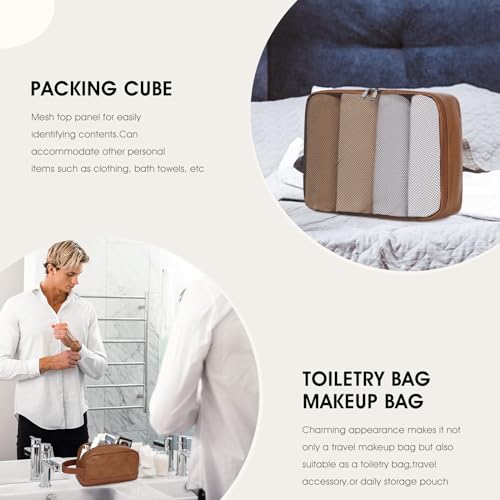 3PCS Faux Leather Weekender Bag for Women Men Travel Bag Overnight Bags | Leather Travel Duffel Bags for Traveling with Shoe Compartment Toiletry Packing Cube Carry On Tote Bag Men Fit 21.5" Laptop - color: Light Brown