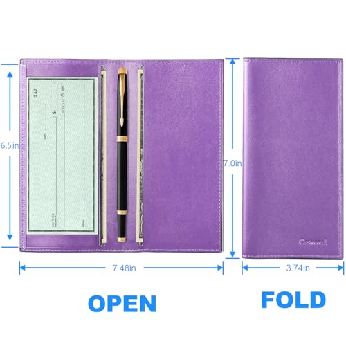 CASMONAL Checkbook Cover for Personal, Check Book Holder for Women & Men | PU Leather with Pen Holder, Transparent PVC Divider for Duplicate Checks - color: Lavender