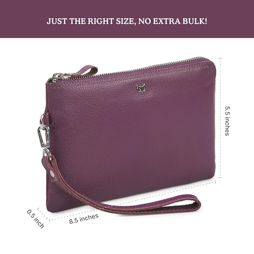 Leather Wristlet Wallet for Women Clutch Handbag Purse with Cell Phone Slot | Genuine Top Grain Leather, 8 Credit Card Slots, Detachable Strap, YKK Zipper, Gifts for Women - color: Amethyst Nappa