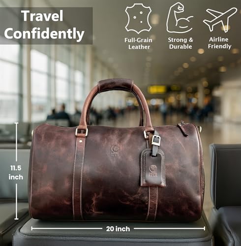 Men's Leather Travel Bag - Weekender Sports Travel Shoulder Bags Aeroplane Hand Luggage Men Duffle Bag (Large), Mulberry, L, leather duffel bag - color: Mulberry