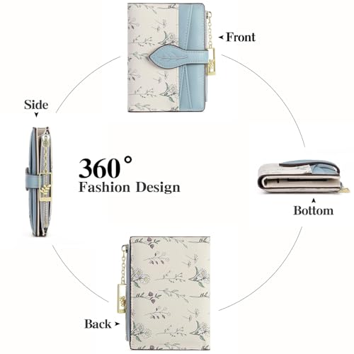 GAEKEAO Small Wallets for Women RFID Blocking Bifold Floral Vegan Leather Wallet Card Holder with Zipper Pocket ID Window - color: A05-Blue