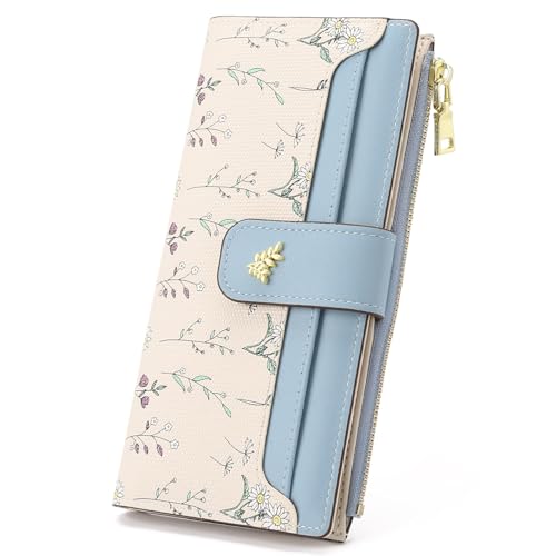 GAEKEAO Womens Wallet Slim Thin RFID Blocking Floral Vegan Leather Card Holder Bifold Long Ladies Wallet with Zipper Pocket - color: Blue
