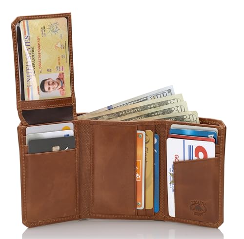 Stealth Mode RFID Blocking Leather Trifold Wallet for Men – Mens Trifold Leather Wallet with Flip Up ID Window, 11 Card Slots, Hidden Pockets, Divided Billfold – Gift Box Included (Brown Crunch) - color: Brown Crunch