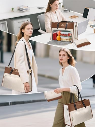 MATEIN Brown PU Leather Laptop Tote Bag with Lunch Compartment for Women | PU Leather Computer Handbag, Water Resistant Shoulder Bag for Women, Office Business Gift, Teacher Nurse Office Tote, 2 Sets - color: Brown