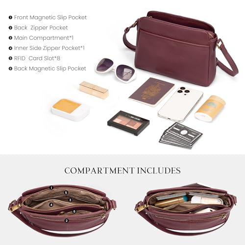 befen Anti-theft Crossbody Bag for Women Genuine Leather, Small Cross Body Shoulder Handbags with RFID Card Slots - color: Burgundy Red