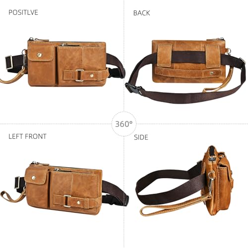 Water Resistant Canvas + Leather Hiking Riding Travel Fanny Waist Pack Small Phone Pouch For Men Women FB811-29 (100% Leather-The 8135 Light Brown) - color: 100% Leather-The 8135 Light Brown