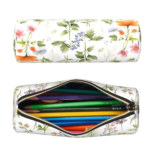 OSAM SPACE Leather Pencil Case Round Pencil Bag Flowers Plant Art Pen Organizer Holder Portable Zipper Pouch Cute School Supplies for Girls Boys Study Office - color: Flowers Plant Art