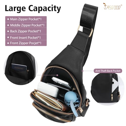 Sling Bag for Women Crossbody Leather Fanny Packs Chest Bag Fashion Sling Backpack Travel JASGOOD - color: Black-gold