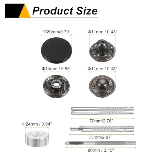 HARFINGTON 24Set Leather Snaps Fasteners Kit 20mm Dia Brass Press-Stud Cap Button 2.76" Length Metal Snap Buttons with 4 Install Tools for Coat Bag Leather Marine Boat Canvas, Matte Black - color: Matte Black, size: 20mm