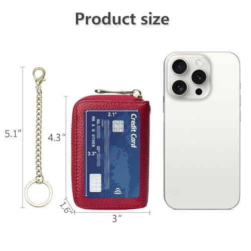imeetu Rfid Credit Card Holder, Businese Card Case, Wallet for Women Men | Genuine Leather Card Wallet with id Window, Keychain & Double Zipper, Water-resistan Small Wallet with Gift Box, Daily Travel - color: Max - Red