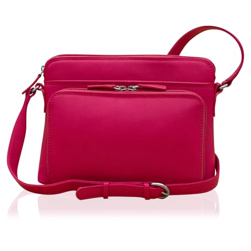 ili New York Genuine Leather Crossbody Bags for Women - Premium RFID Blocking Shoulder Bag Organizer with Adjustable Strap - color: Indian Pink