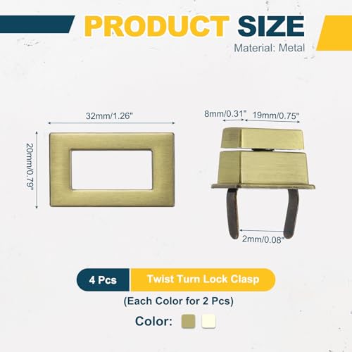 M METERXITY 4Pcs Purse Twist Lock (1.26 x 0.79 Inches, Light Gold/Bronze)- Rectangular Purse Closure Twist Turn Lock Clasp Metal Clip Hardware Apply to DIY Handbag/Purse/Wallet/Leather Craft - color: Light Gold/Bronze, size: 1.26 x 0.79"