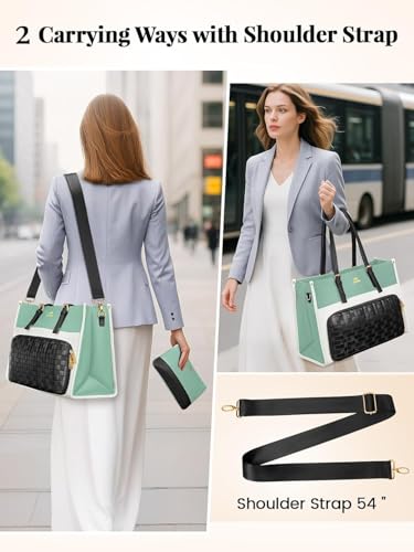 MATEIN 15.6 Inch Lunch Bag, Laptop Tote with Lunch Compartment for Women | PU Leather Computer Handbag, Water Resistant Shoulder Bag for Women, Office Business Gift, Teacher Nurse Office Tote, 2 Sets - color: Green