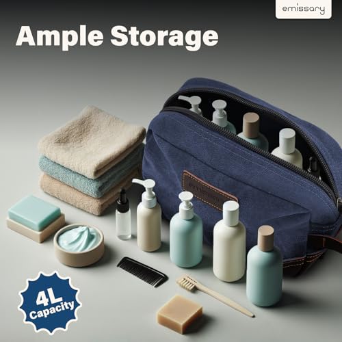 emissary Men's Toiletry Bag, Leather and Canvas Travel Toiletry Bag, Dopp Kit for Men, Travel Bathroom Bag Men's Shaving Kit, Travel Kit Small Bags for Men, Shaving Bag for Travel Accessories (Blue) | Durable canvas & PU leather, water-resistant lining, s