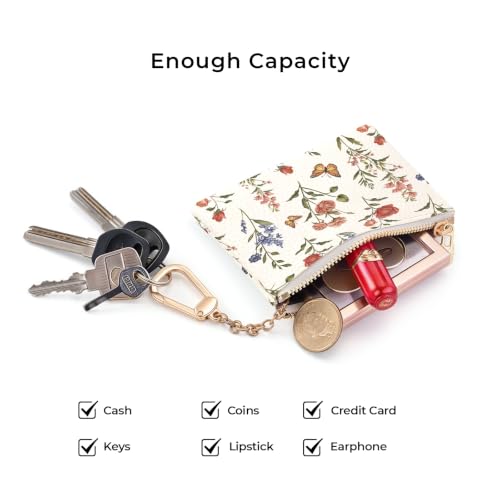 Flower Butterfly Keychain Coin Purse for Women, Cute Change Pouch | Zipper Key Chain Purse, Small Little Zip Pocket, PU Leather, Travel Wallet for Girls, Tiny Coin Holder, Key Ring, Women Gifts - color: Flower Butterfly