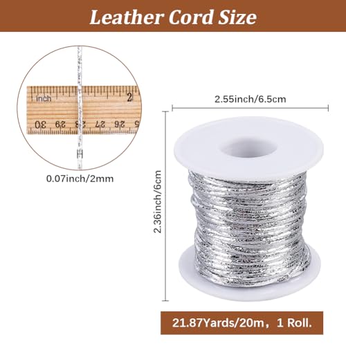 21.87 Yards 2mm Metallic PU Leather String Strip for Jewelry Making Round Leather Cord Laces Strips Cording Rope with Spool for Necklaces Bracelets Crafting Wraps Beading(Silver) - color: Silver, size: 20M
