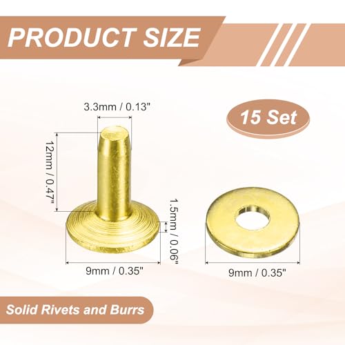 HARFINGTON 15Set Brass Rivets and Burrs Washers 9x3.3x12mm Polish Finish Solid Leather Rivet Fastener Studs Posts for Leather DIY Craft Belts Wallets Collars, Gold Yellow - color: Gold Yellow, size: 9x3.3x12mm