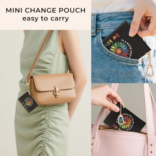 Flower Be Kind Keychain Coin Purse for Women, Small Change Pouch | Cute Key Chain Purse, Little Mini Zipper Pocket, PU Leather, Travel Wallet for Girls, Coin Cash Holder, Key Ring, Women Gifts - color: Be kind