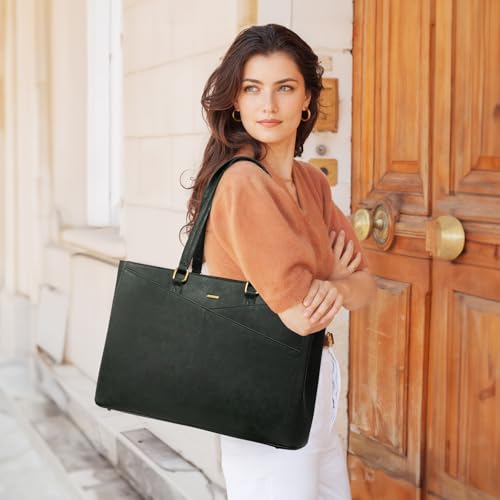 LOVEVOOK Laptop Tote Bag for Women,Leather Work Computer Briefcase Bag - color: Green, size: 15.6 inch