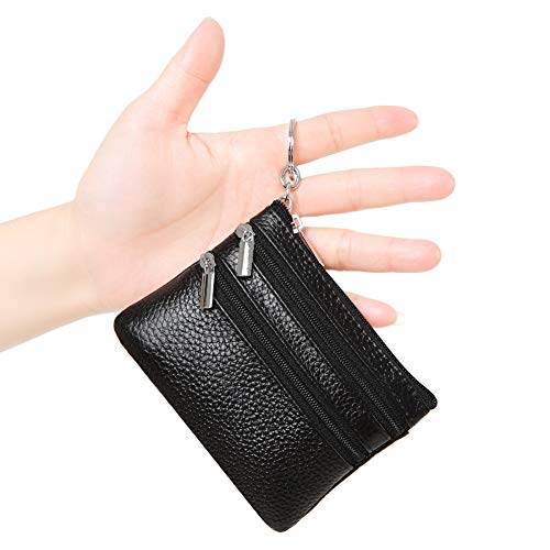 Women Genuine Leather Coin Purse Small Keychain Change Wallet - color: Black