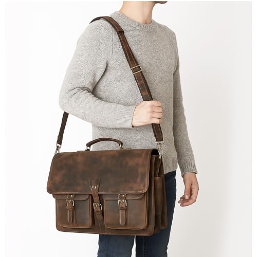 Vintage Leather Messenger Bag for Men & Women, Multi-Pocket Briefcase Satchel, Laptop Shoulder Bag - size: 16 inch Medium
