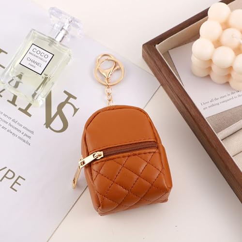 Mini Backpack Cute Cosmetic Bag for Women, Creative Cute Pendant Keychain Key-chains Keyrings PU Leather Makeup Bag Key Lipstick Card Holder Data Cable Organizer Zipper Pouch - color: Brown