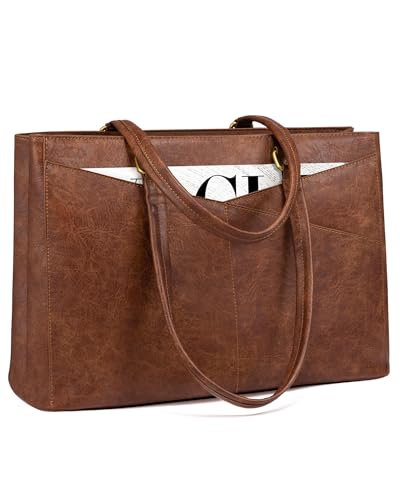 LOVEVOOK Laptop Tote Bag for Women,Leather Work Computer Briefcase Bag - color: Retro Brown, size: 17.3 inch
