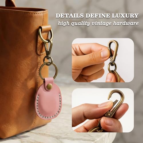 Genuine Leather Airtag Holder Compatible with Apple AirTag Keychain 2nd & 1st Gen, Handmade Air Tag Holder with Key Rings, Hidden Airtag Case Accessories - Pink - color: Pink