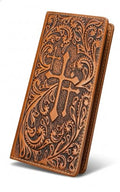 Men’s Western Long Leather Wallet – Handmade Embossed Cross Design, Tooled Rodeo Cowboy Bifold Checkbook Wallet, Slim Western Wallet for Cowboys & Ranch Wear (L Brown) - color: L Brown