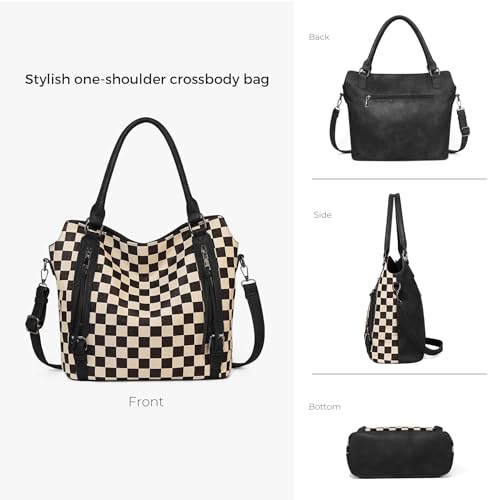 Checkered Tote Bag Large Checkered Purses for Women Plaid Hobo Shoulder Bag Multiple Pockets Tote Handbags - color: A02-black