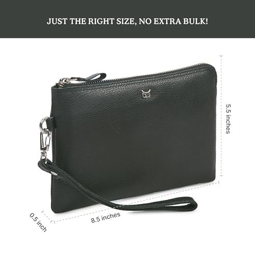 Leather Wristlet Wallet for Women Clutch Handbag Purse with Cell Phone Slot | Genuine Top Grain Leather, 8 Credit Card Slots, Detachable Strap, YKK Zipper, Gifts for Women - color: Black Nappa