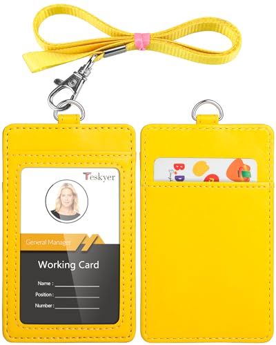 Teskyer Leather ID Badge Holder with Lanyard, Vertical Bright Yellow | Durable Nylon Lanyard, Rear Card Pocket, Scan Without Removing Card, Built to Last, Work & Cruise Ready - color: Bright Yellow, size: Vertical
