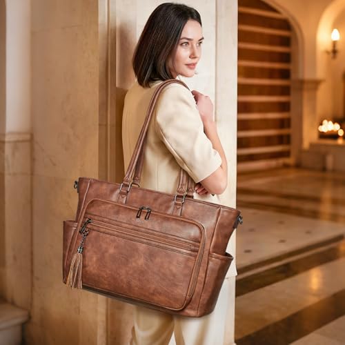 15.6 Inch Laptop Tote Bag for Women Large Leather Shoulder Bag Handbags Purses with Detachable Shoulder Strap - color: Brown