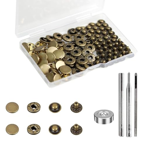 BetterJonny 24 Sets Heavy Duty Leather Snap Fasteners Kit, 10mm Metal Snap Buttons Press Studs Leather Rivets Snaps with 4 Setter Tools for Clothes Bracelet Jackets Jeans Antique Brass - color: Antique Brass, size: 10mm