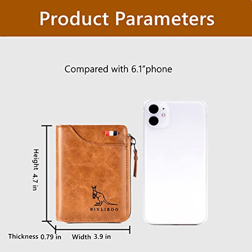 Leather Wallet for Men with zipper, RFID blocking bifold wallets with Separate ID Card window Cartera Para Hombre(khaki) - color: khaki